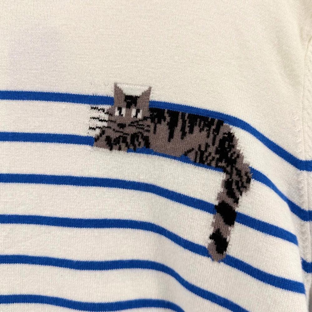 Anthropologie Calligraphie Womens XL White Nautical Striped Cat Crewneck Sweater - Picture 4 of 9